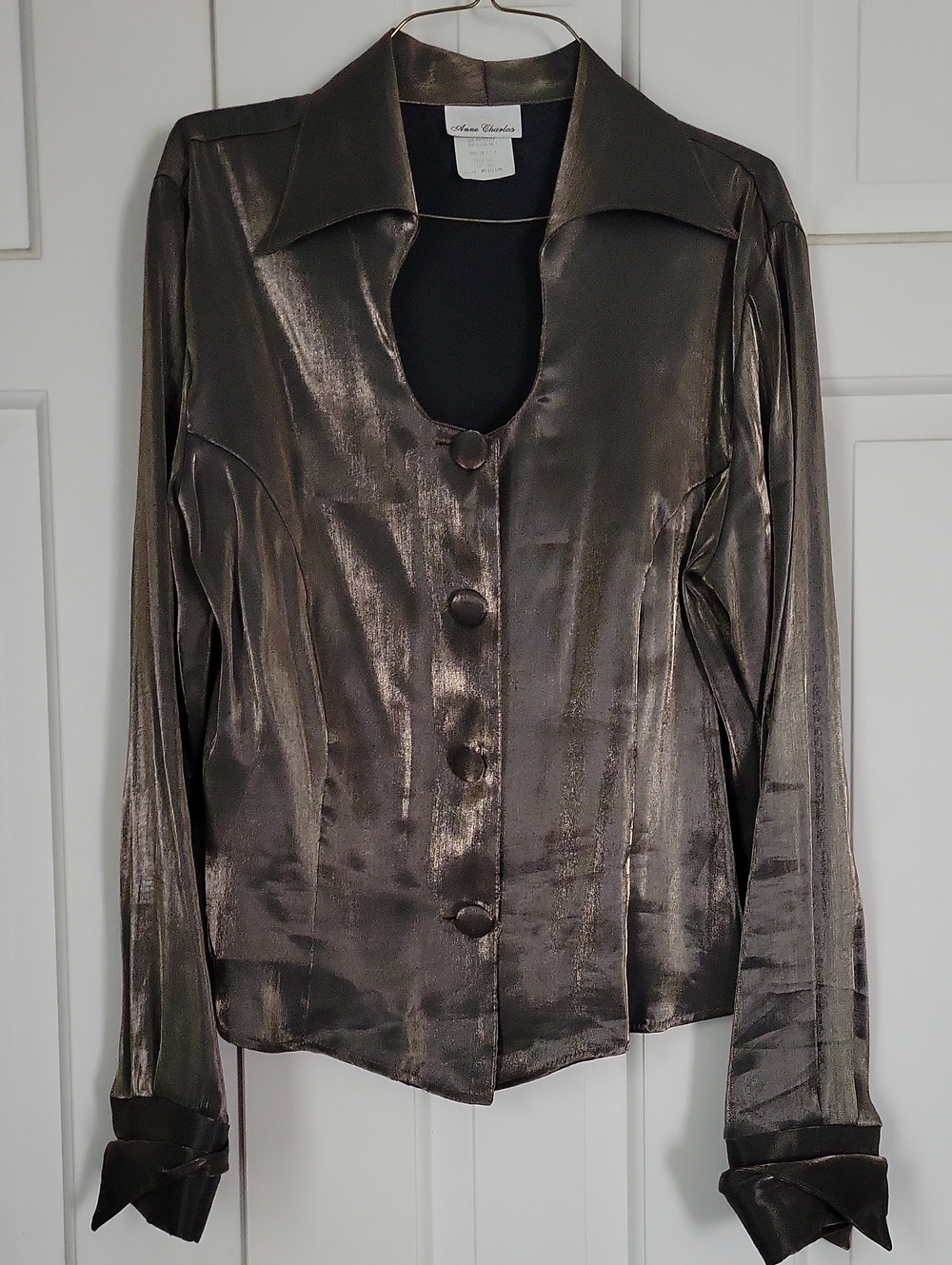 Anne Charles Vintage Metallic Brown/Chartreuse Satin Button-Front Blouse Sz M
